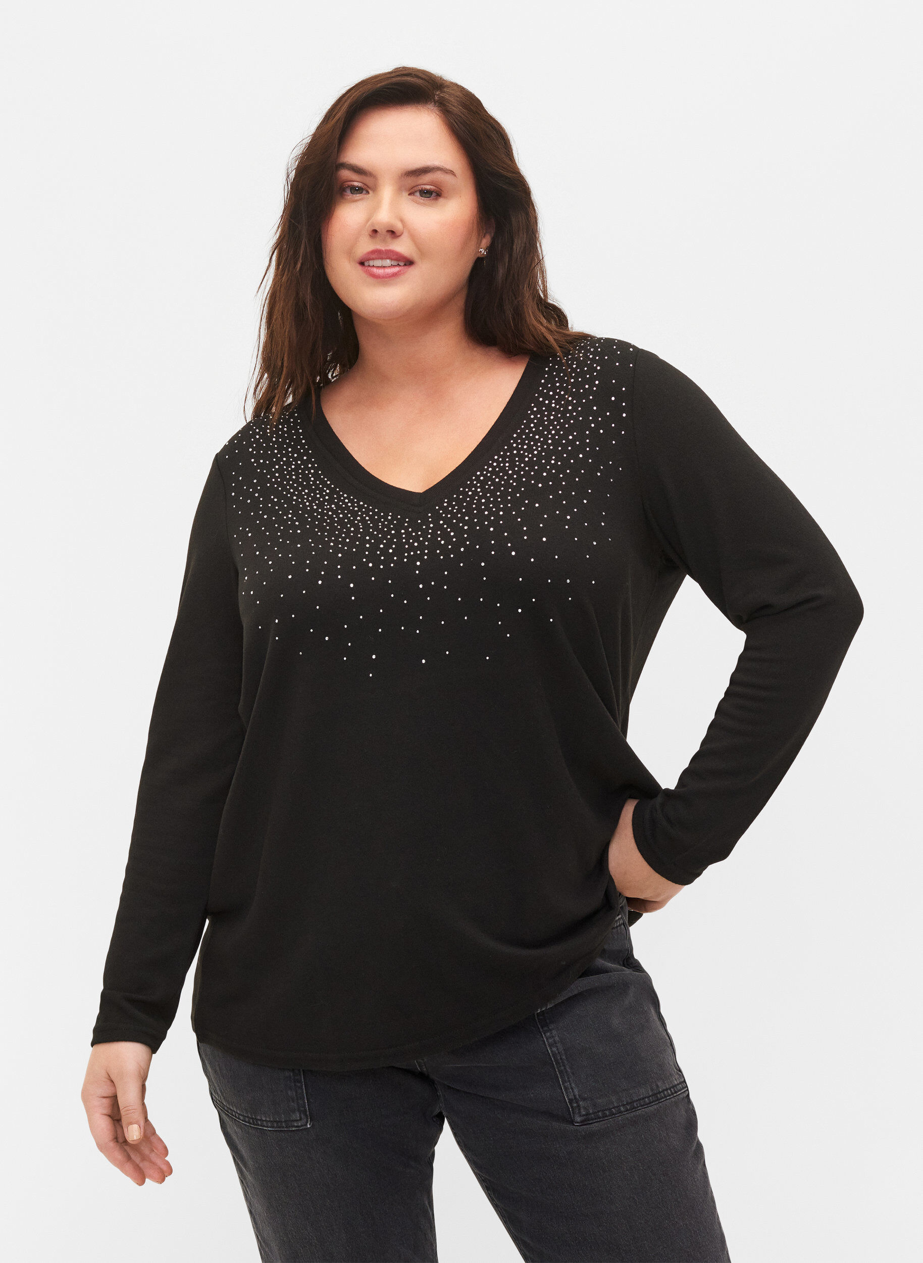 Zizzi Blouse met similisteen en lange mouwen, Black, Model image number 0