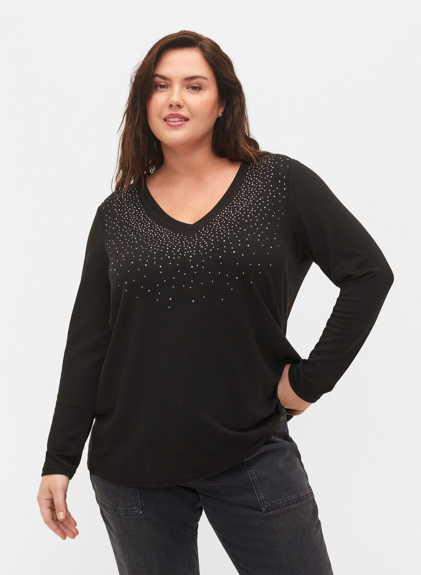 Blouse met similisteen en lange mouwen, Black, Model image number 0