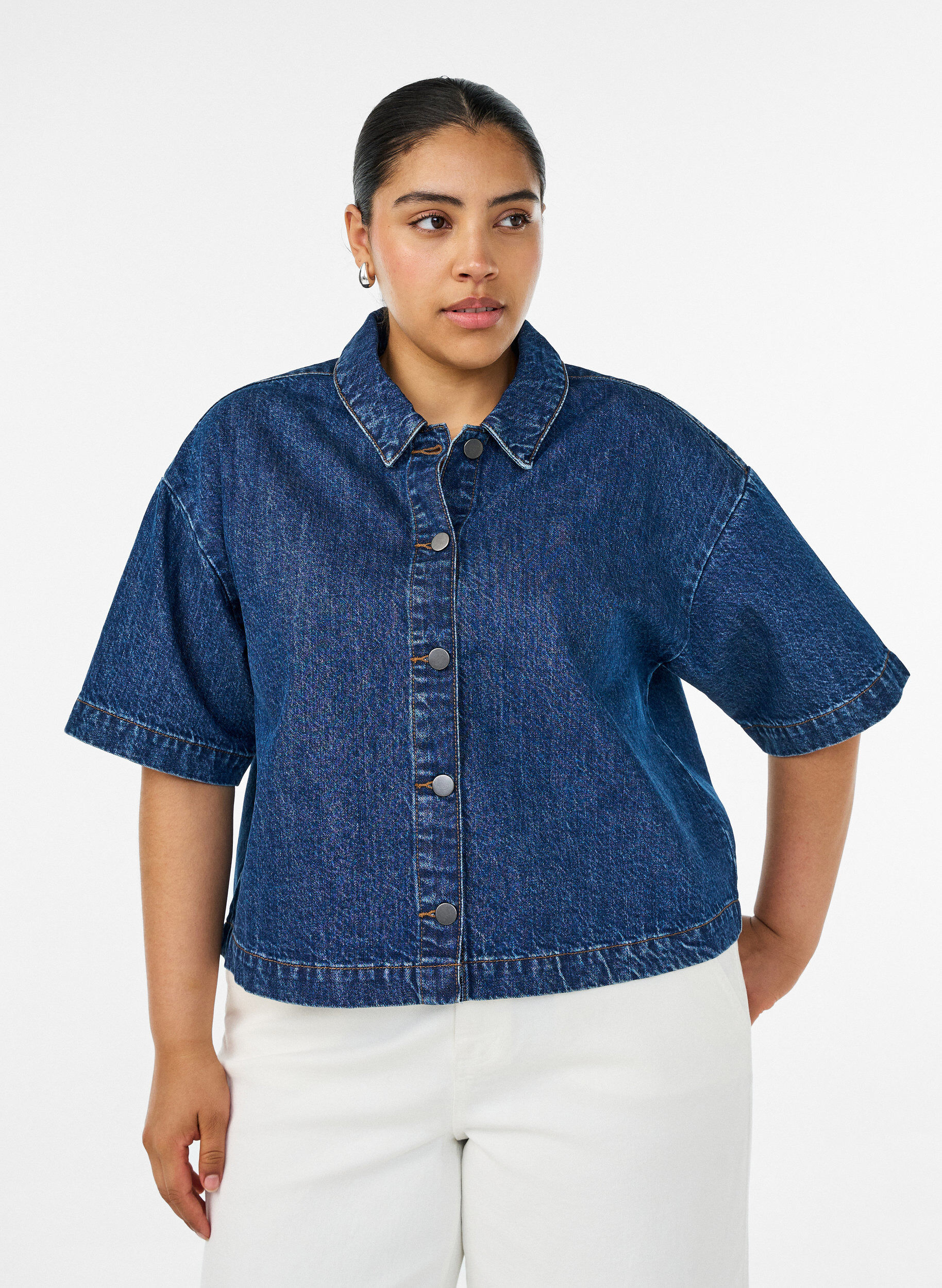 ZizziDenimjas met korte mouwen en knoopsluiting, Blauw, Model image number 0