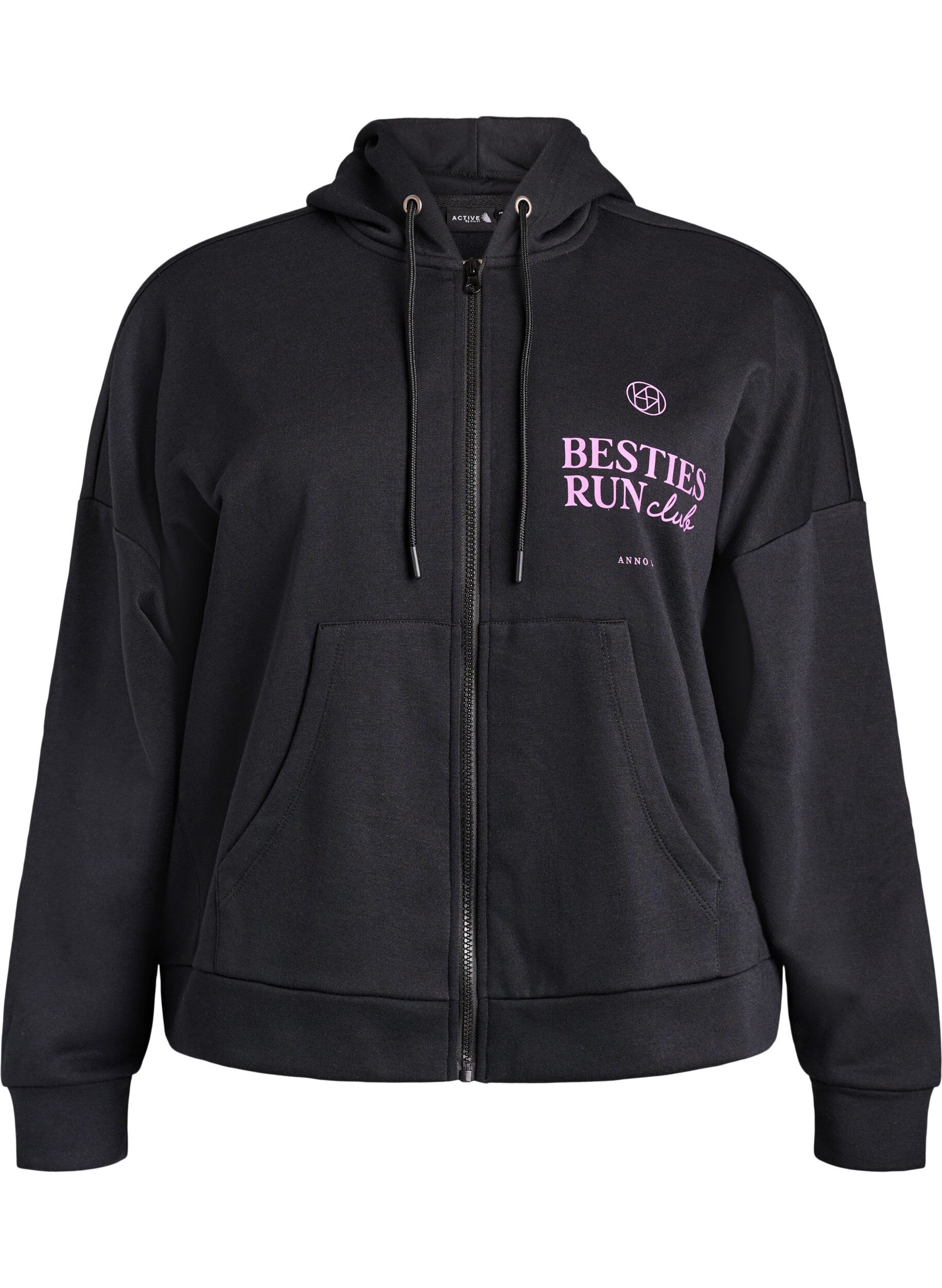 ZizziHoodie met ritssluiting en borstprint, Zwart, Packshot image number 0