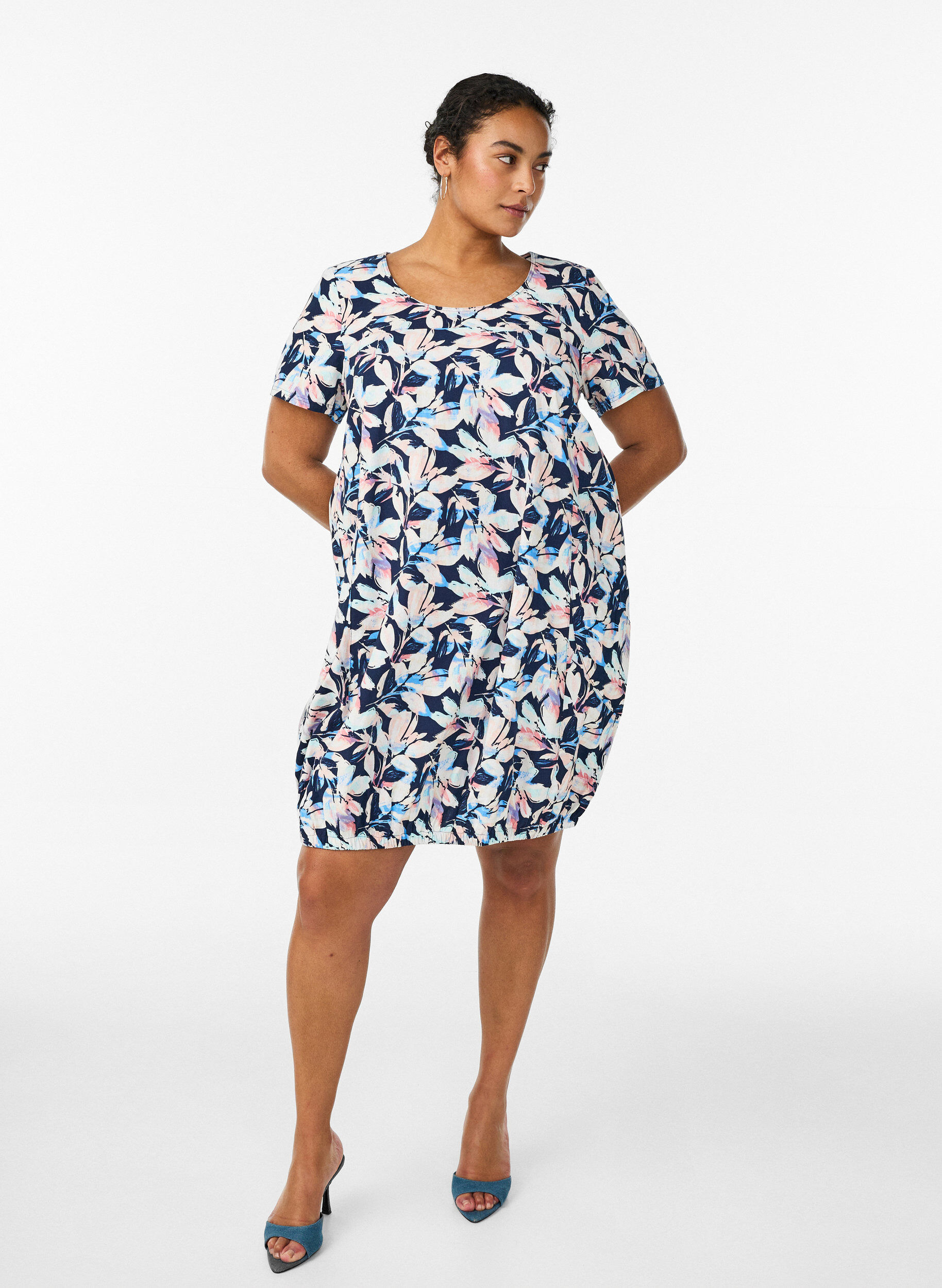 Zizzi Katoenen jurk met korte mouwen en print, Blauw, Model image number 1