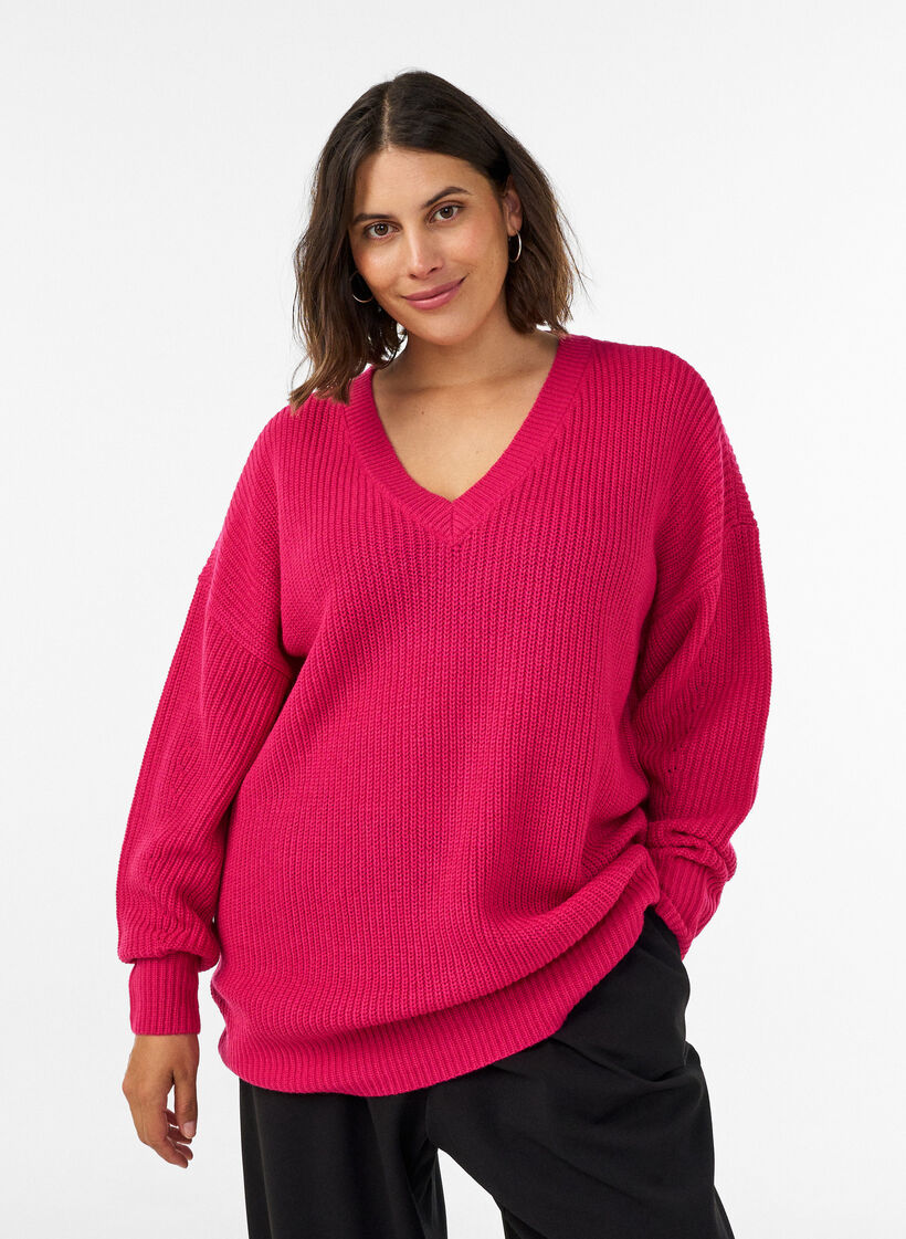 Lange ribgebreide blouse met V-hals, Roze, Model image number 0