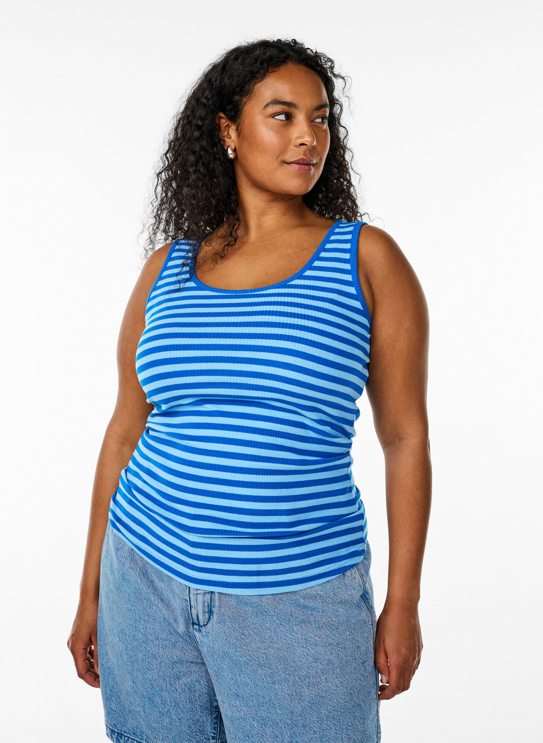 Zizzi Gestreepte tanktop met een ribstructuur, Blauw, Model image number 0