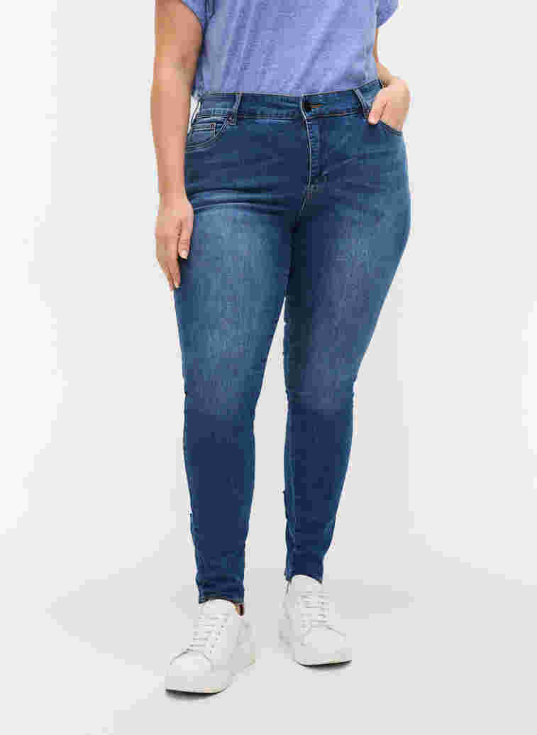Super slim fit Amy jeans met strikje en rits, Dark blue, Model image number 3