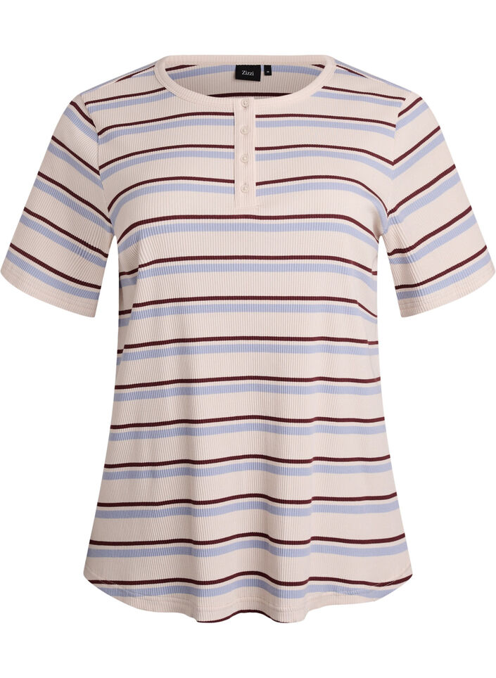 T-shirt met strepen en geribde knoopdetails, Paars, Packshot image number 0