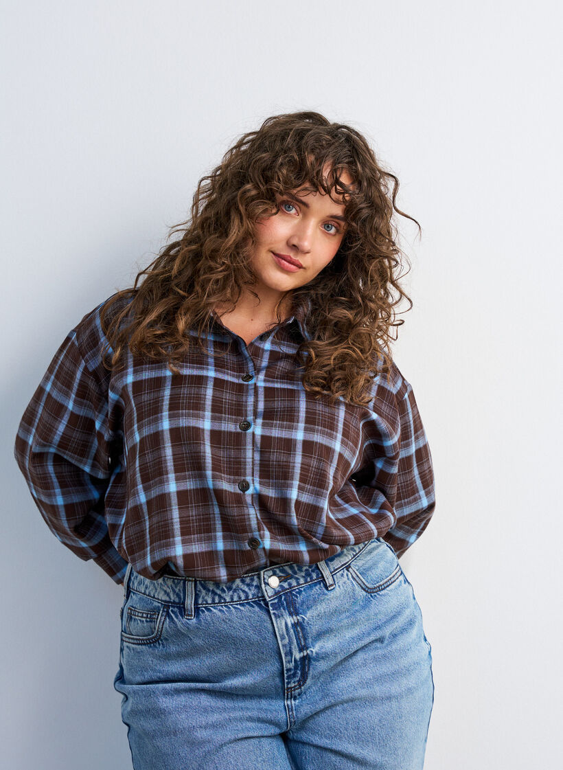Geruit overhemd met een losse pasvorm, Bruin, Model image number 0