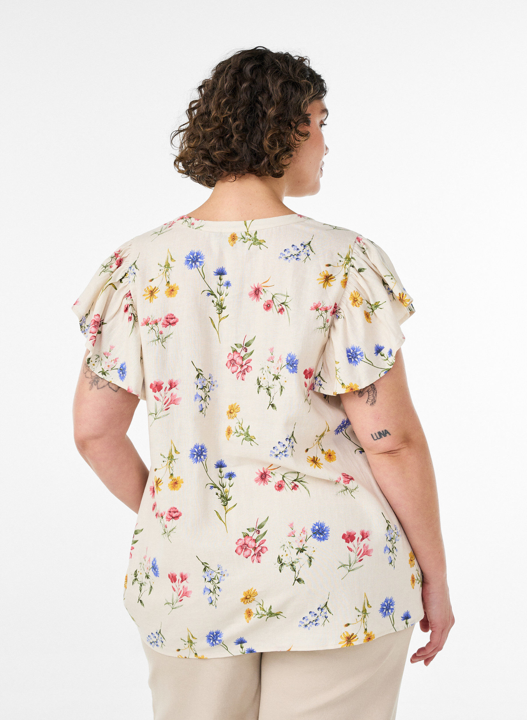 ZizziViscose en linnen blouse met ruches aan de mouwen, Beige, Model image number 2