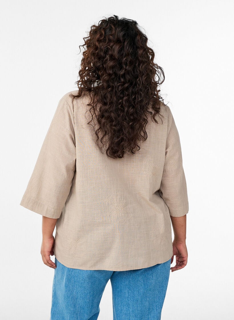 Katoenen blouse met geborduurde details en 3/4 mouwen, Beige, Model image number 2