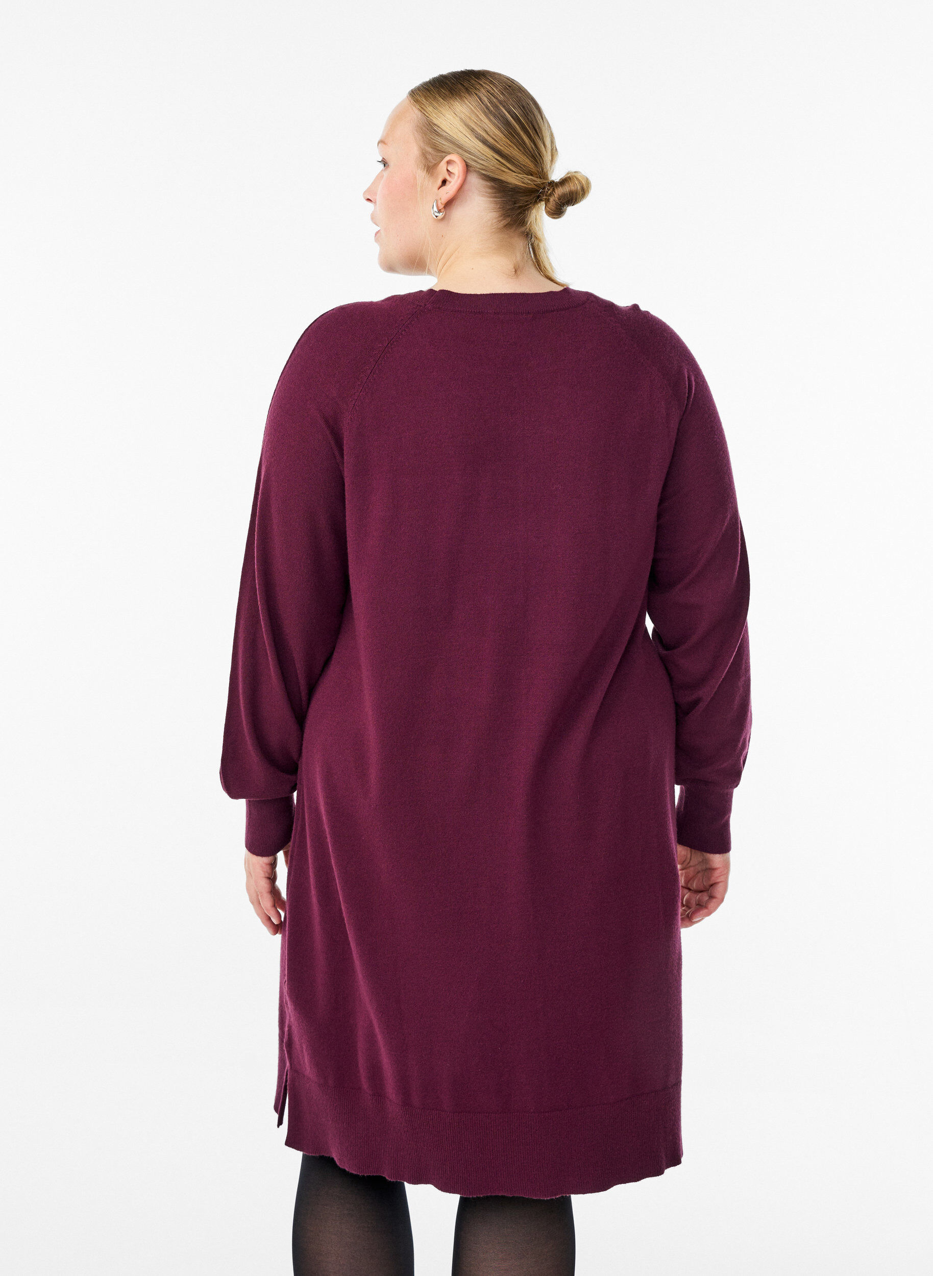ZizziKorte gebreide jurk met raglanmouwen en een middennaad, Rood, Model image number 2