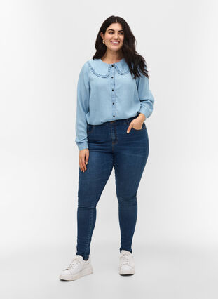 Shirt met grote kraag en ruches, Light blue denim, Model image number 2