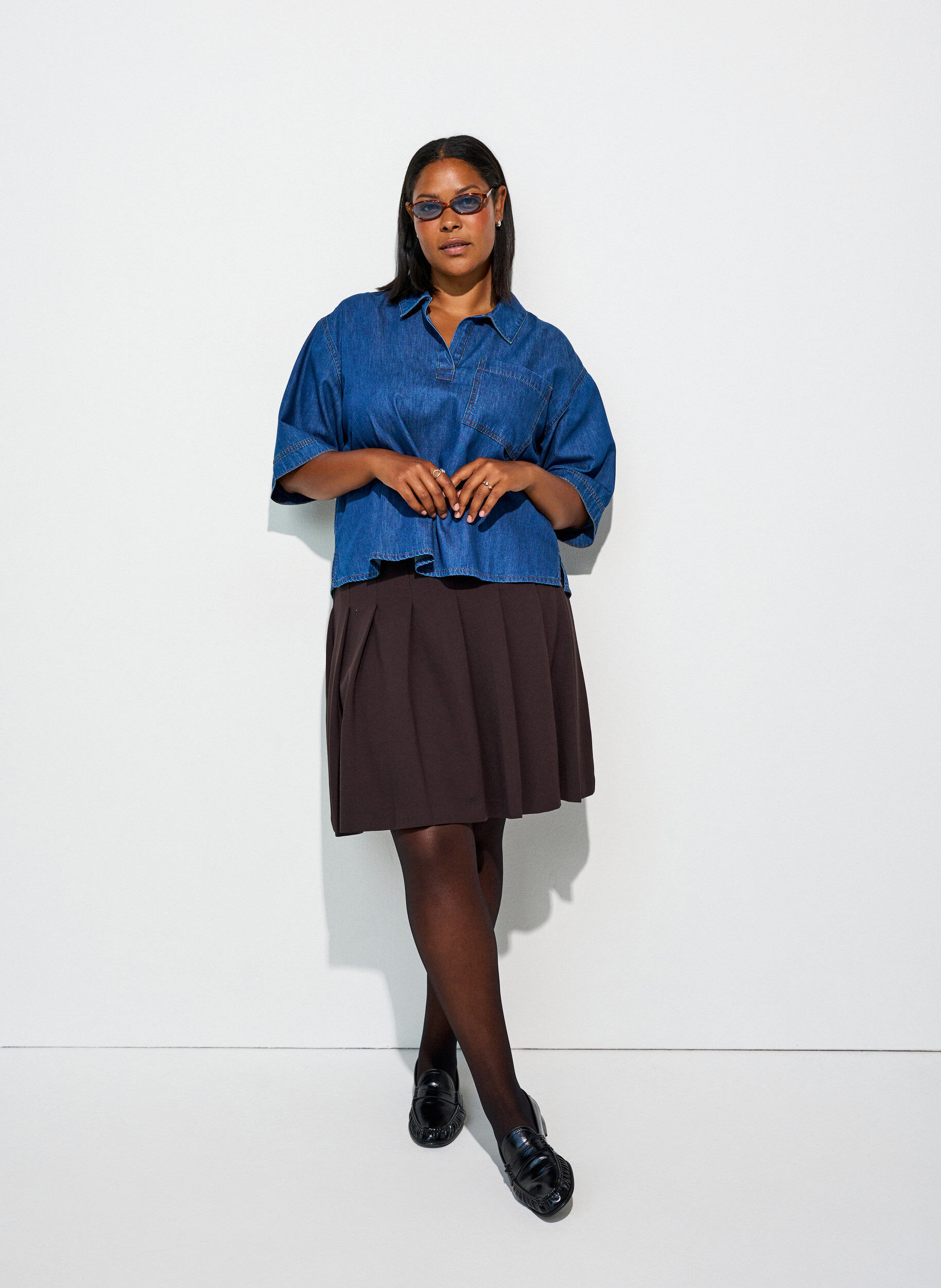 ZizziDenimblouse met borstzak en mouwen tot de elleboog, Blauw, Model image number 1