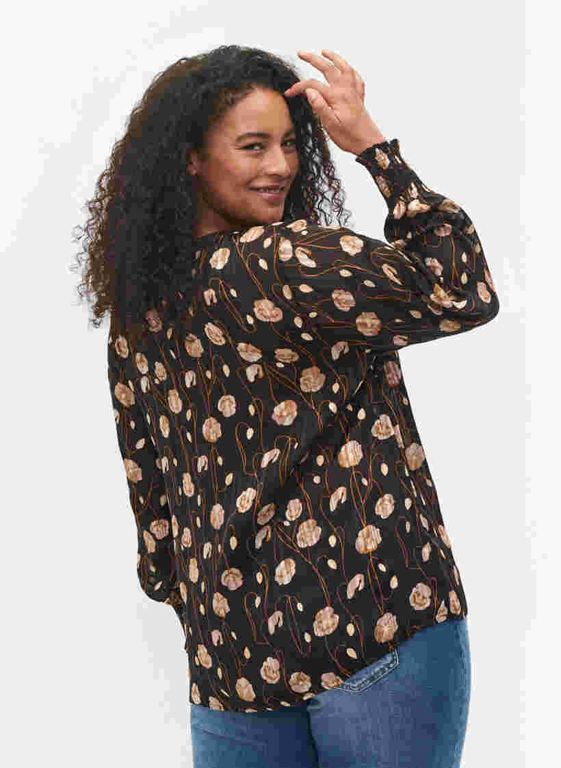 Bedrukte blouse met smok en v-hals, Black Flower, Model image number 1