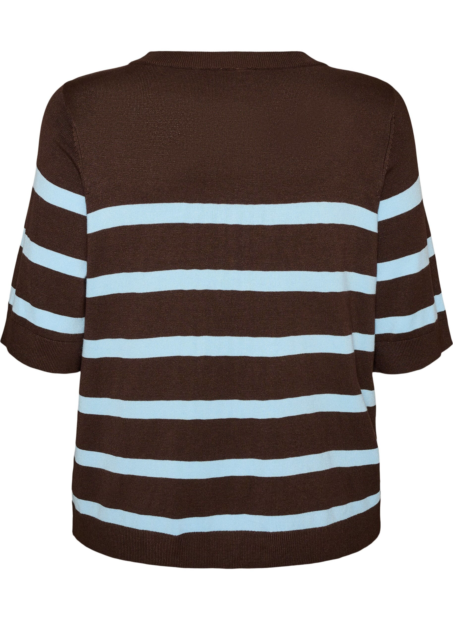 ZizziGestreepte top met korte mouwen in breisel, Bruin, Packshot image number 1