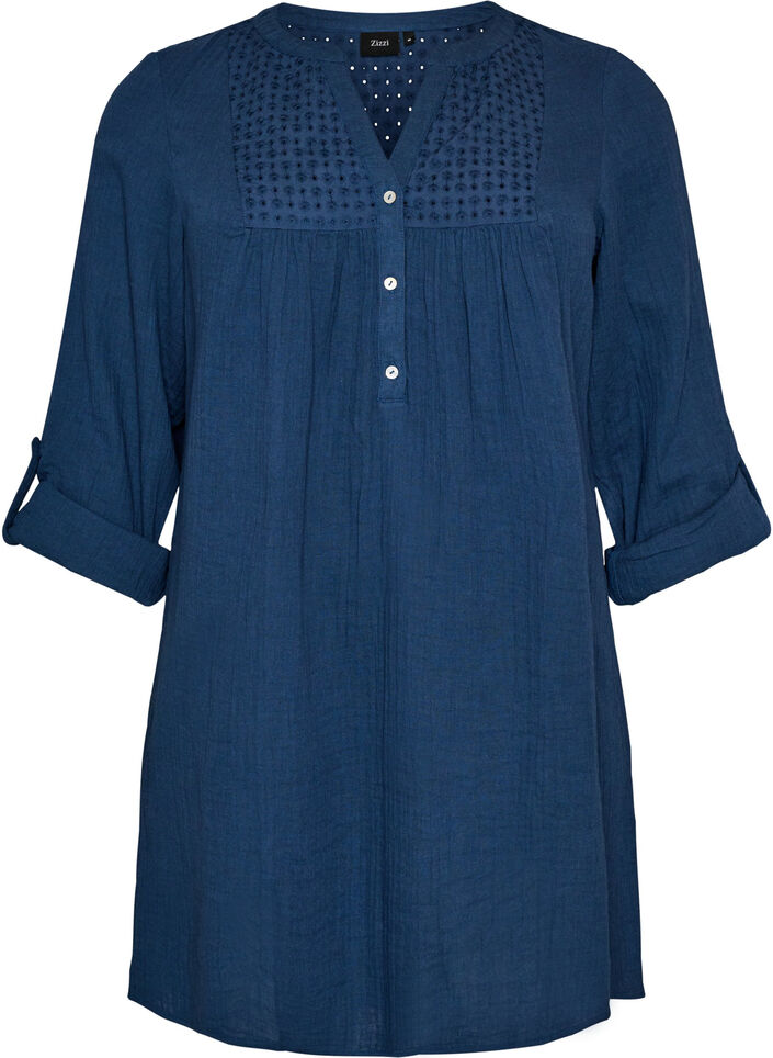 Katoenen mousseline tuniek met broderie anglaise, Blauw, Packshot image number 0