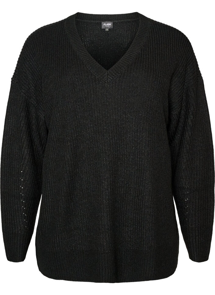 Lange ribgebreide blouse met V-hals, Zwart, Packshot image number 0