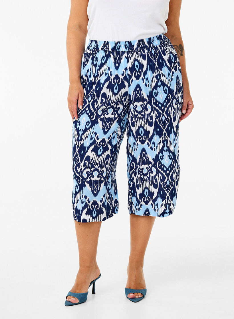 Viscose culotte broek met print, Blue Ethnic AOP, Model image number 2