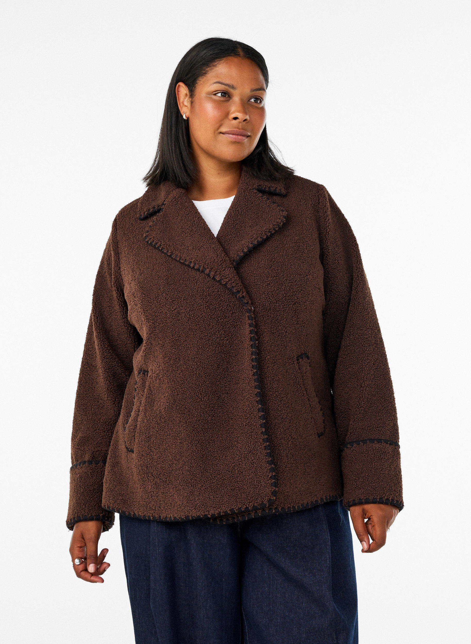 ZizziTeddy jas met contrast details, Bruin, Model image number 0