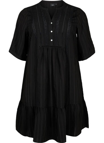 Gestreepte viscose jurk met kanten lint, Black, Packshot image number 0