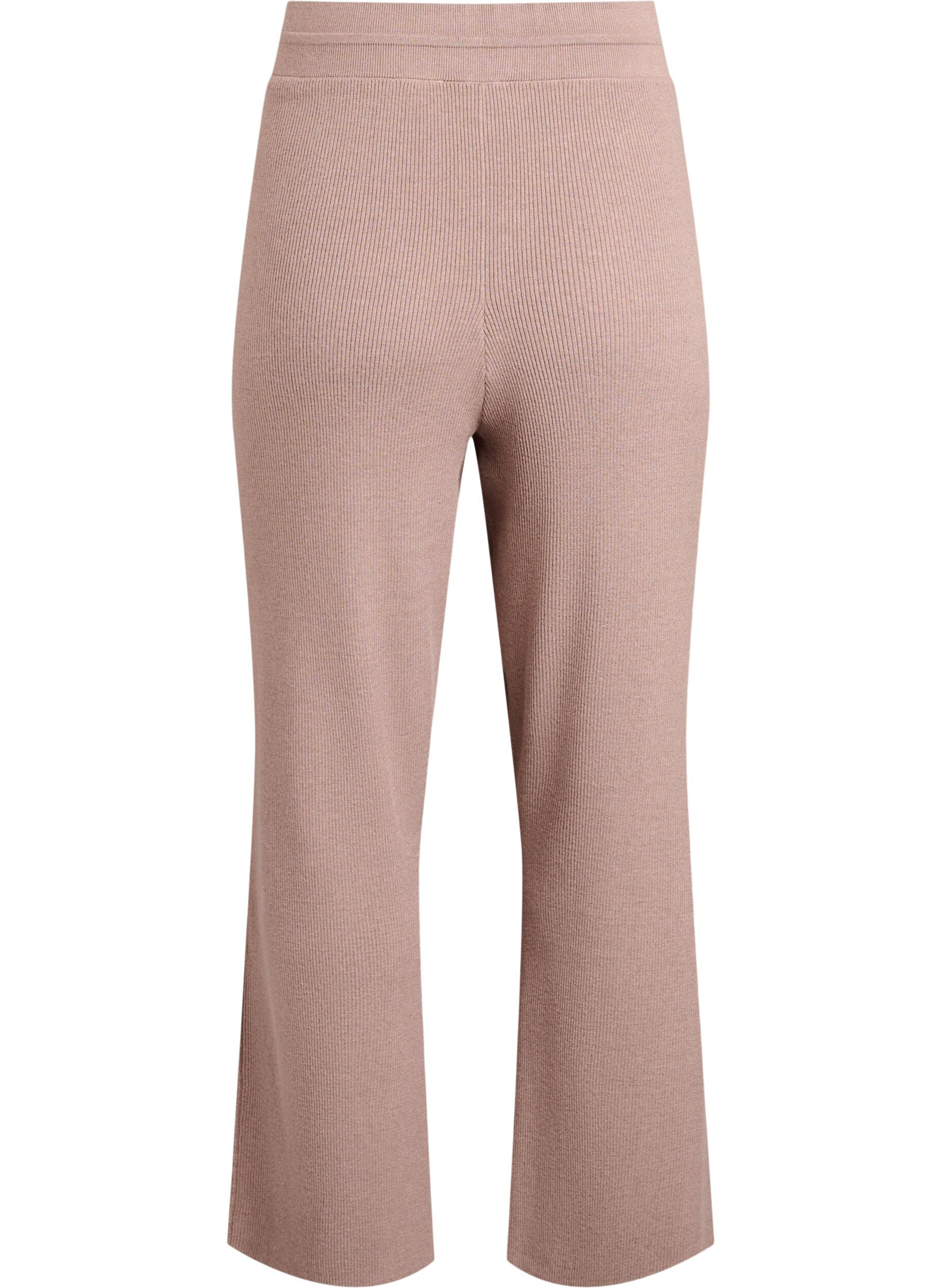 Zizzi Ribgebreide broek met hoge taille en rechte pijpen, Beige, Packshot image number 1