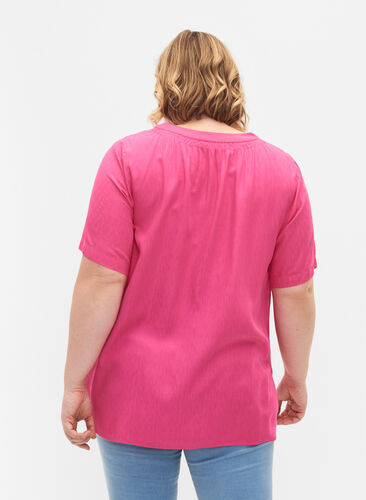 Viscose blouse met korte mouwen en v-hals, Shocking Pink, Model image number 1