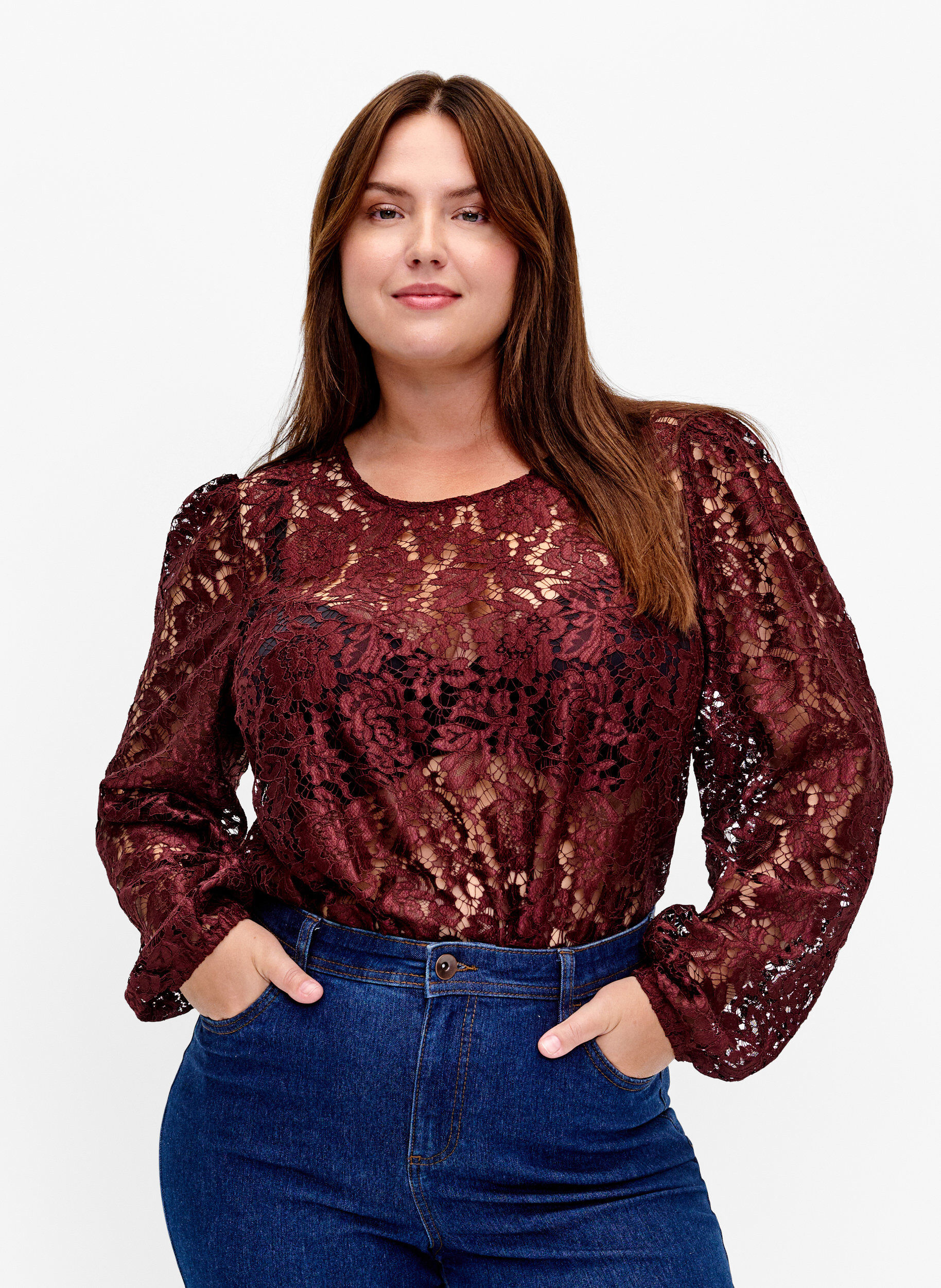 Zizzi FLASH - Kanten blouse met lange mouwen, Port Royal, Model image number 0