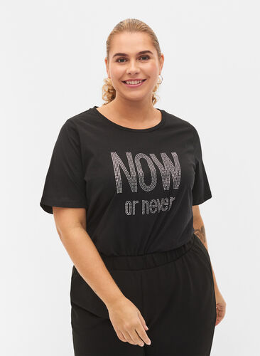 T-shirt van biologisch katoen met studs, Black NOW or never, Model image number 0