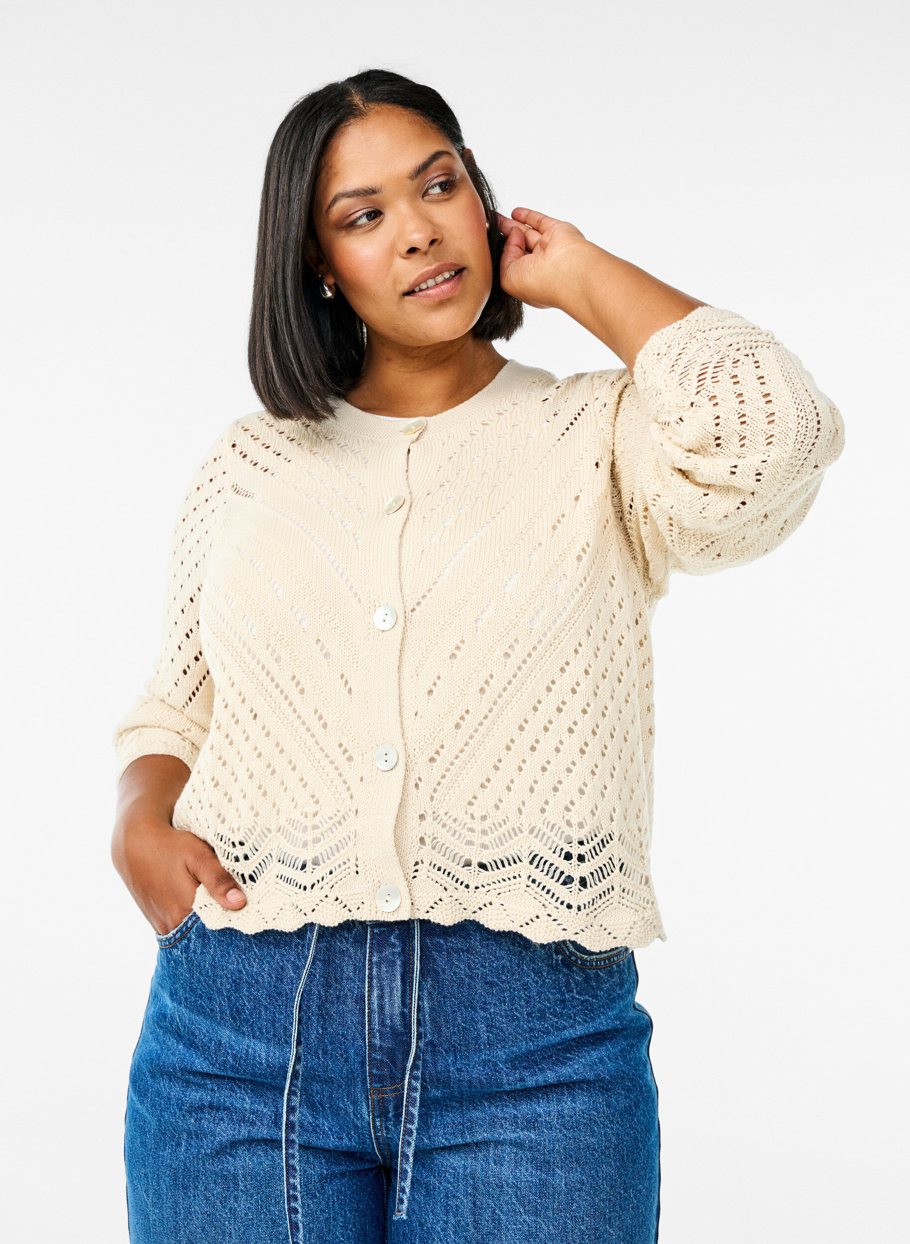 Korte cardigan van breisel met oogjespatroon, Beige, Model