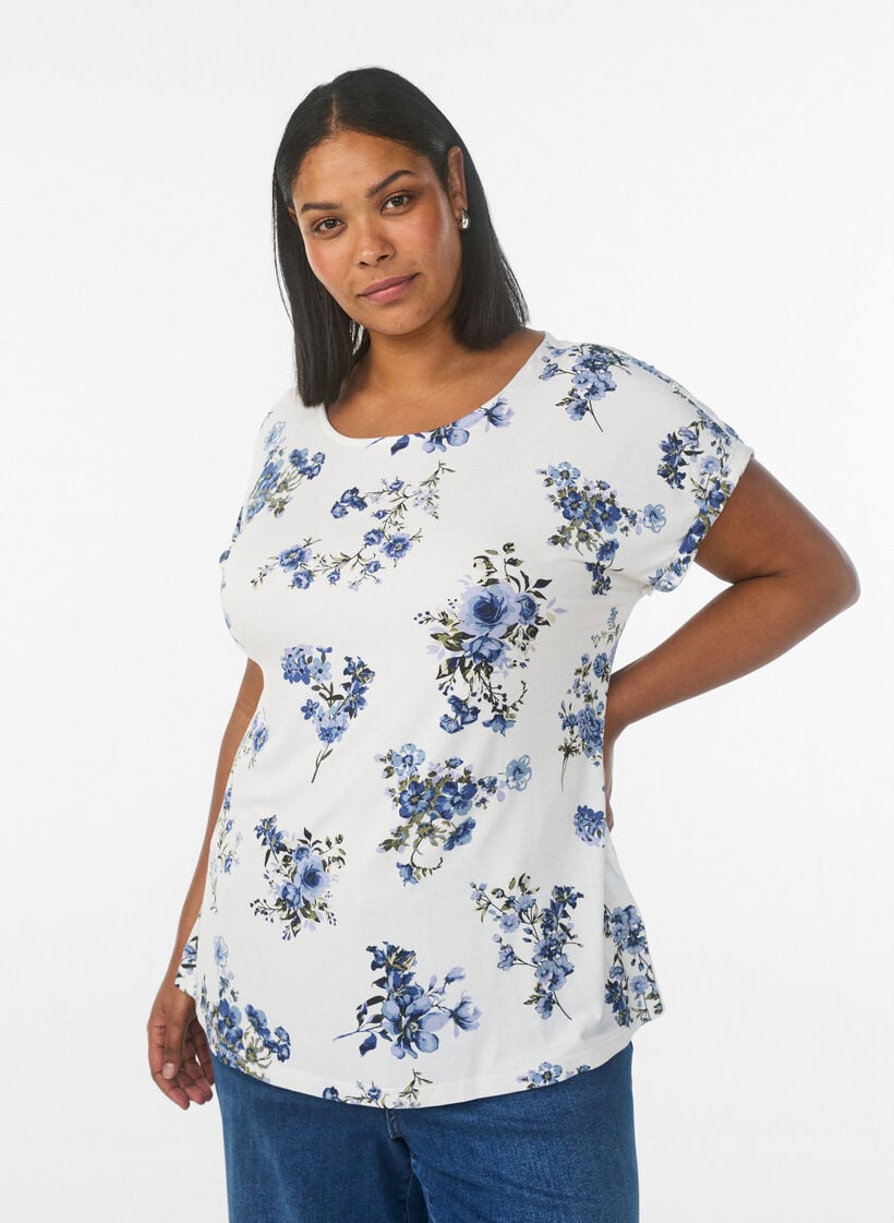 T-shirt met bloemenprint, Vanille, Model image number 0