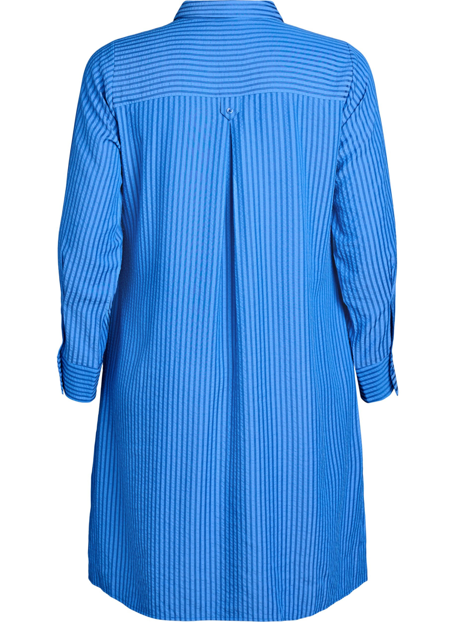 Zizzi Lange gestreepte blouse met knoopdetail op de rug, Blauw, Packshot image number 1