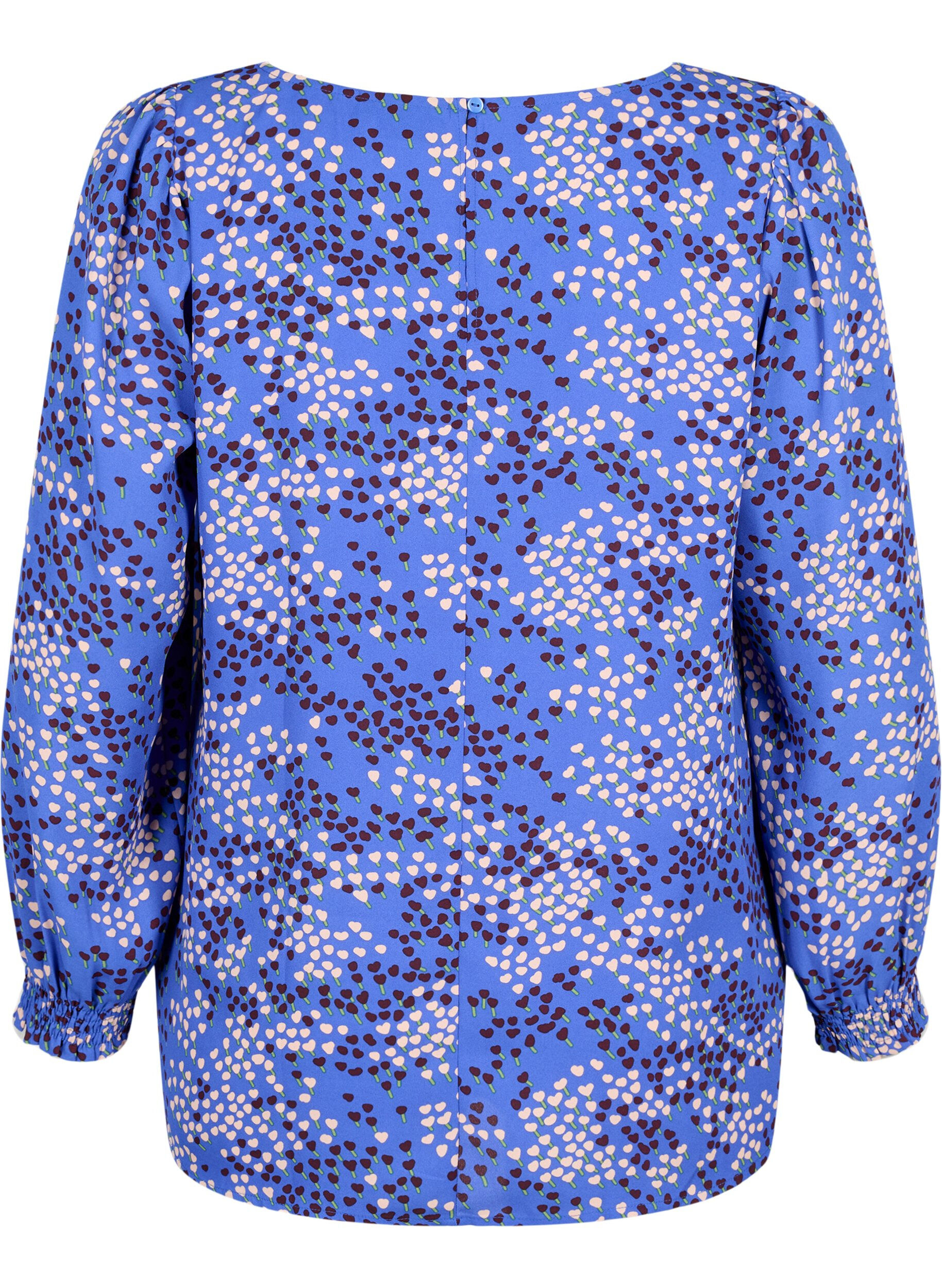 Zizzi FLASH - Blouse met lange mouwen, smok en print, Dazzling Blue AOP, Packshot image number 1