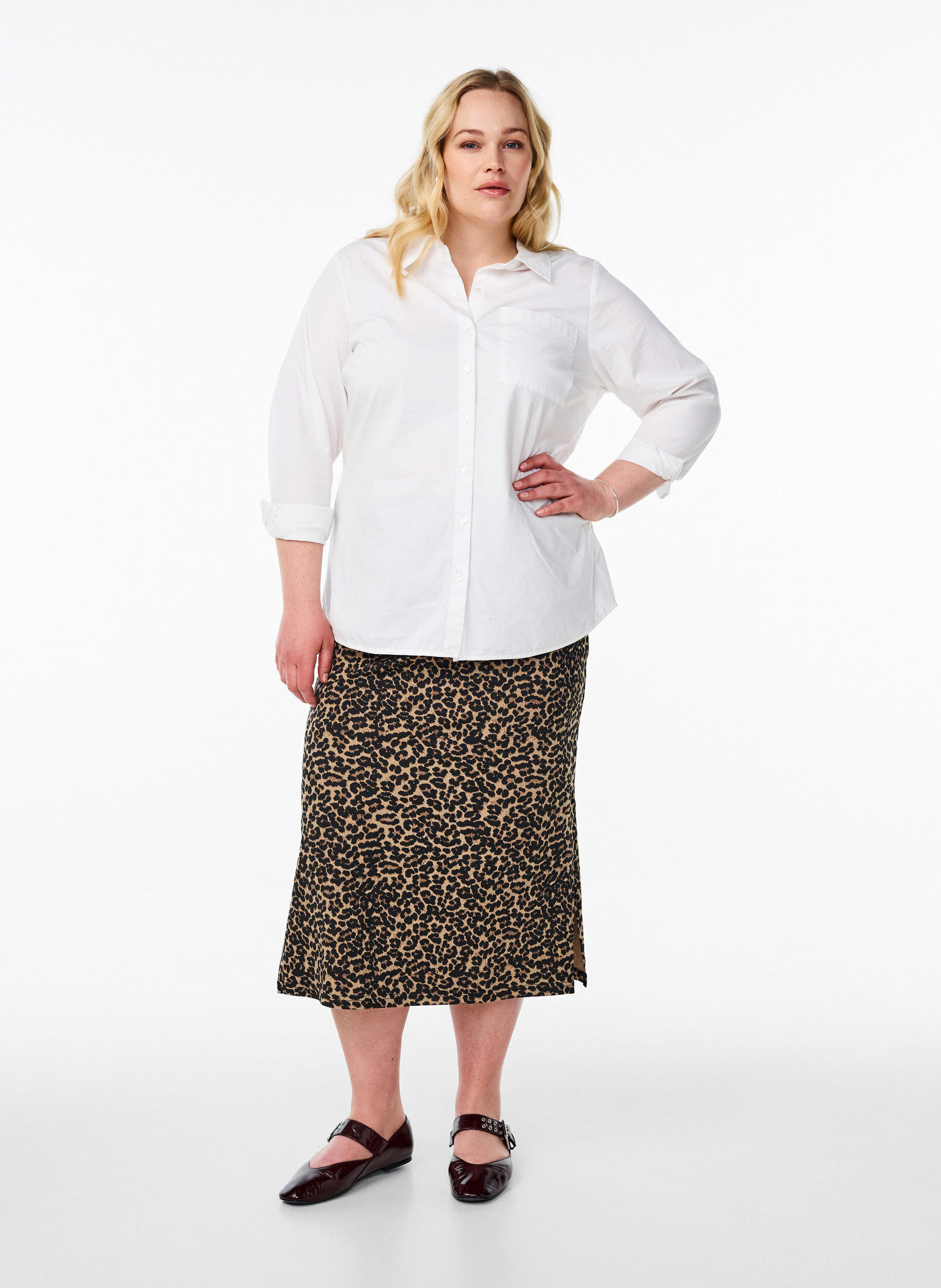 Zizzi Midi-rok met split en luipaardprint, Bruin, Model image number 0