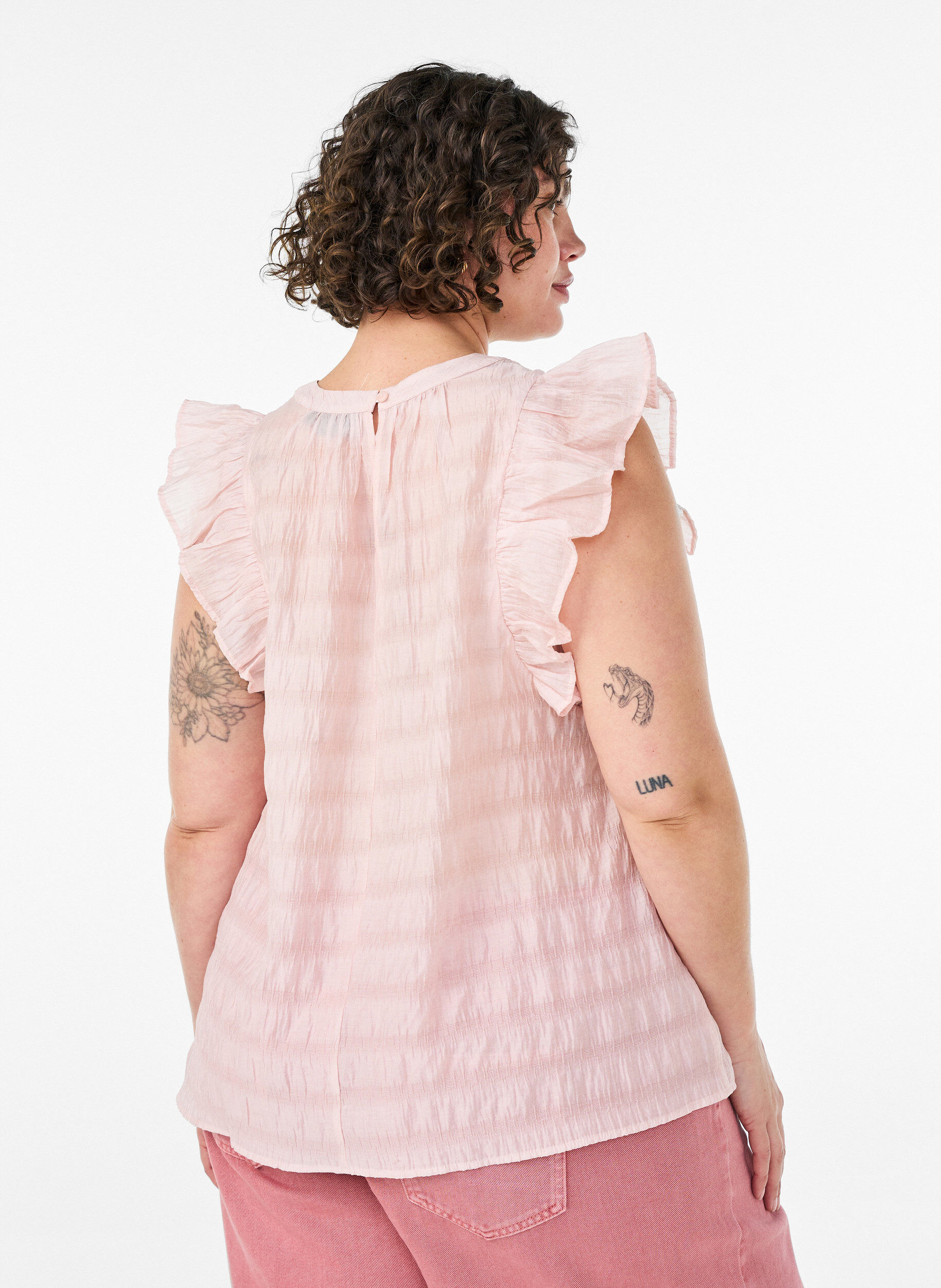 ZizziBlouse met textuur en ruches zonder mouwen, Roze, Model image number 2