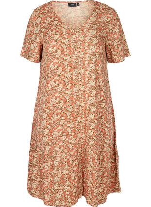 Viscose jurk in a-lijn met korte mouwen, Bordeaux flower Aop, Packshot image number 0