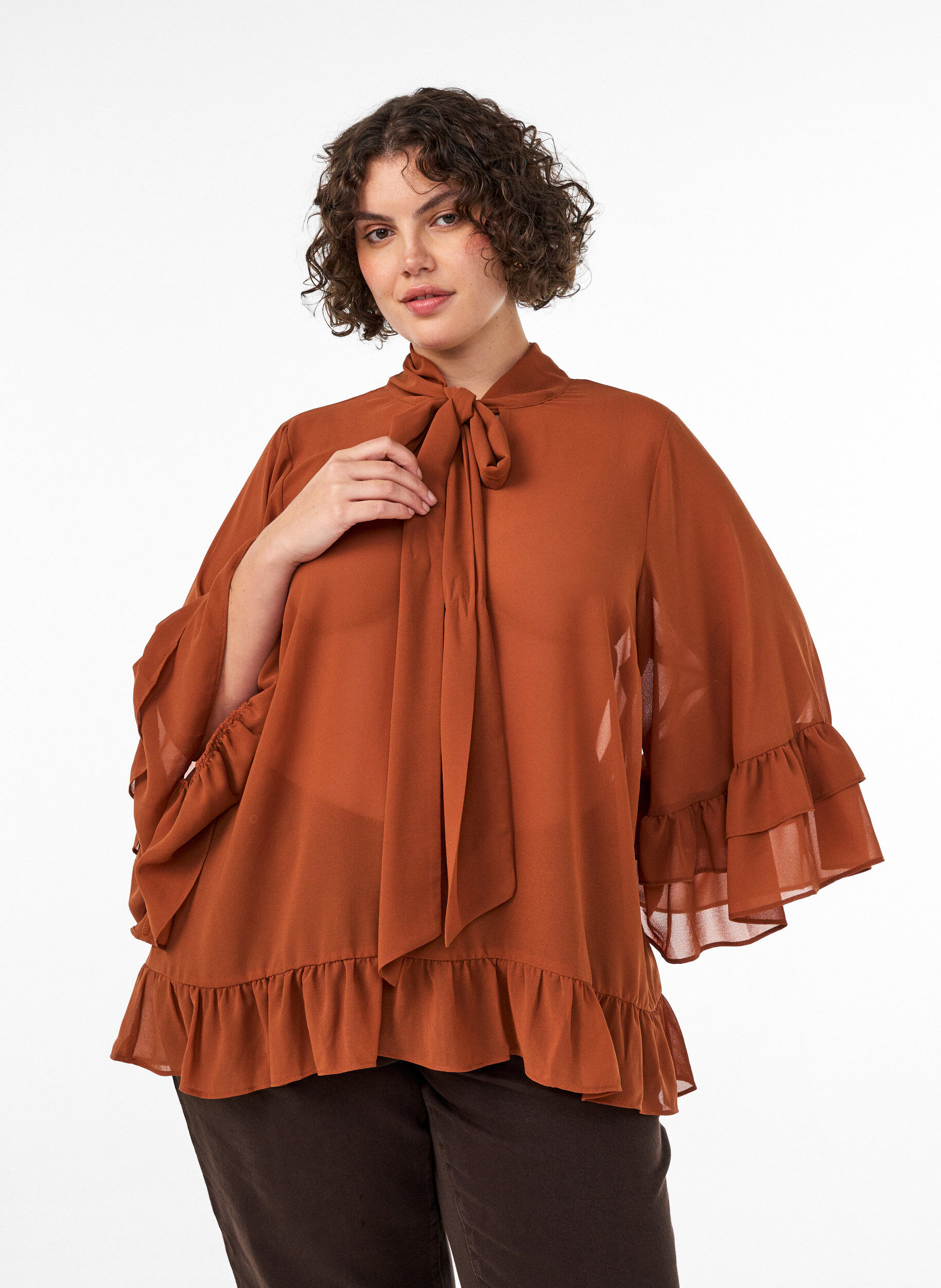 Blouse met striklint en ruches, Bruin, Model