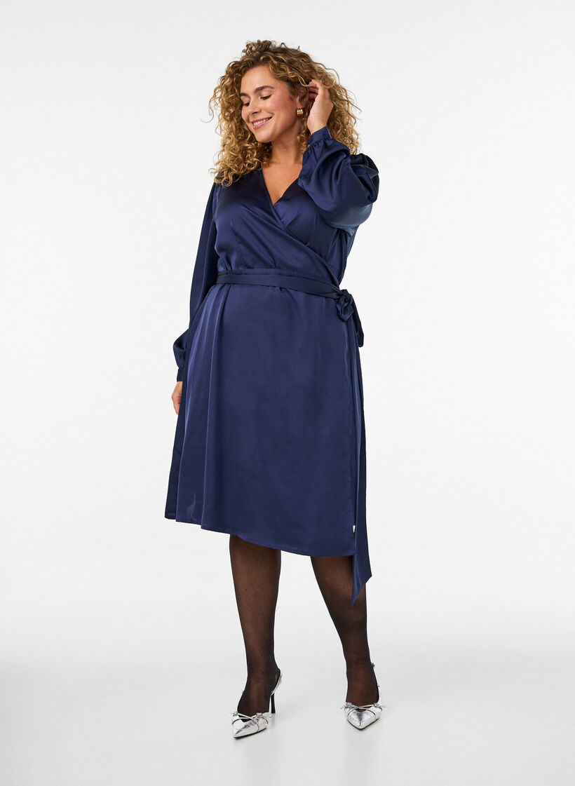 Korte satijnen jurk met wikkeldesign, Blauw, Model image number 1