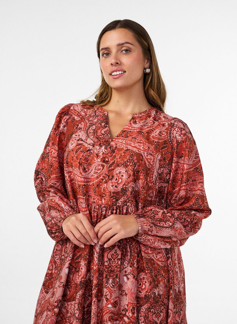 Viscose midi-jurk met paisleyprint, Oranje, Model image number 2
