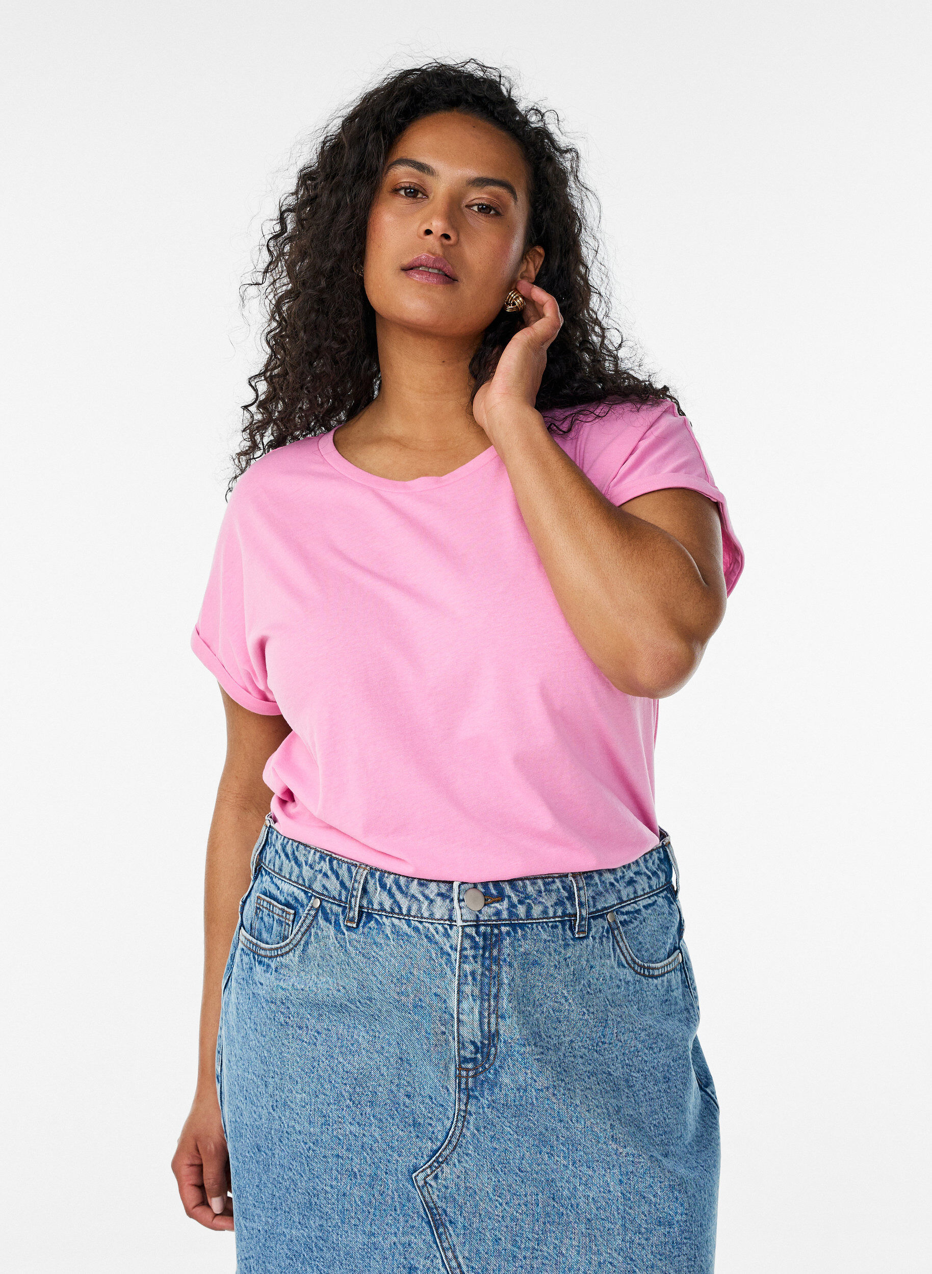 T-shirt met korte mouwen van katoenmix, Roze, Model