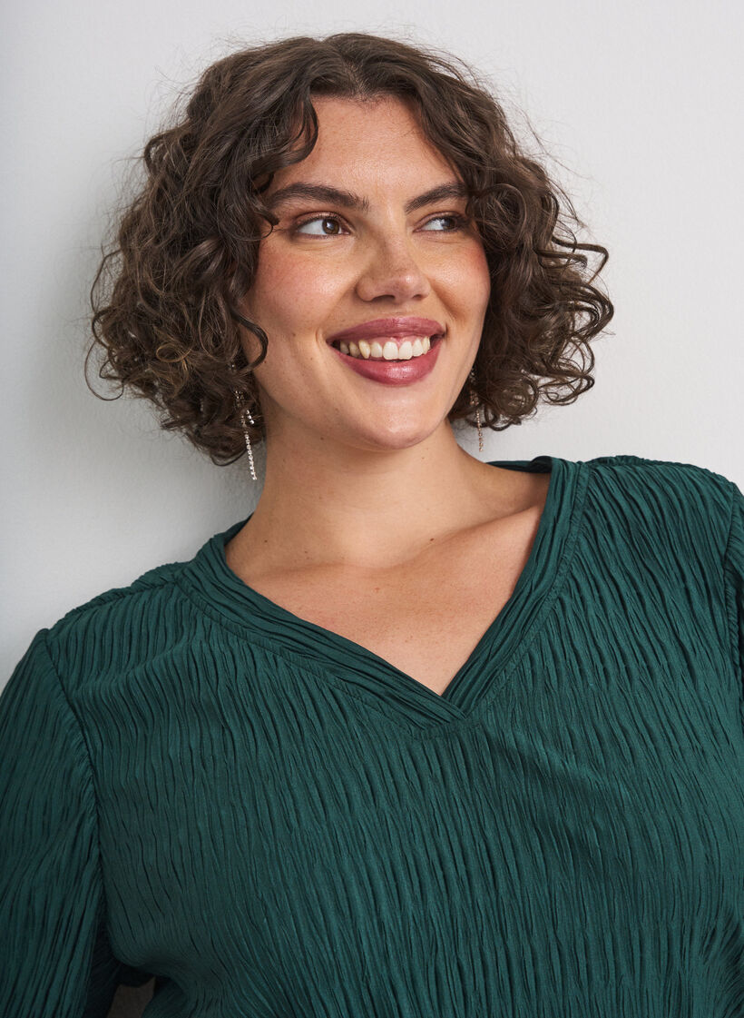 Blouse met golvende textuur en ballonvorm, Groen, Model image number 3