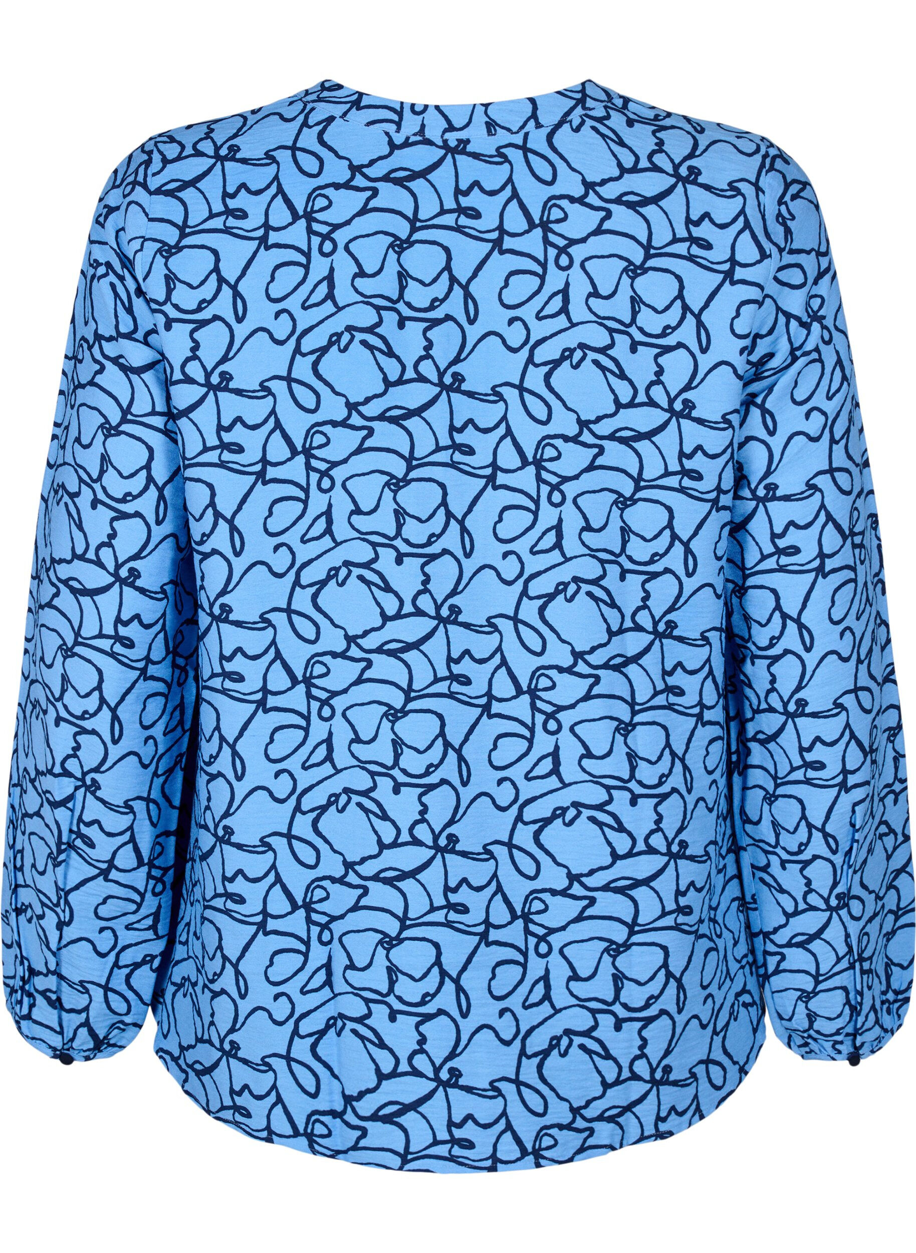 Zizzi Blouse met lange mouwen met patroon en knopen, Blauw, Packshot image number 1