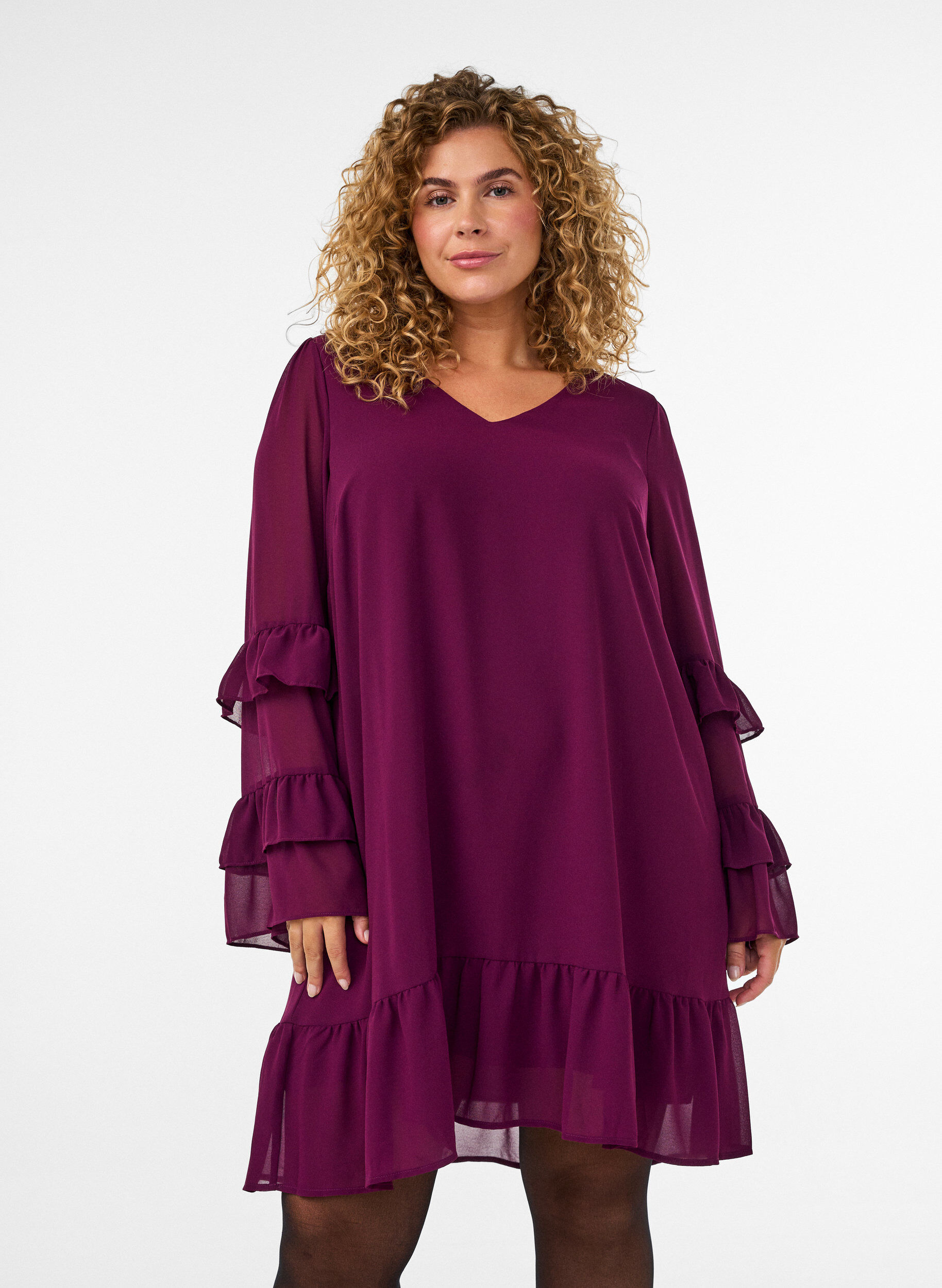 ZizziKorte jurk met transparante ruchesmouwen, Paars, Model image number 0