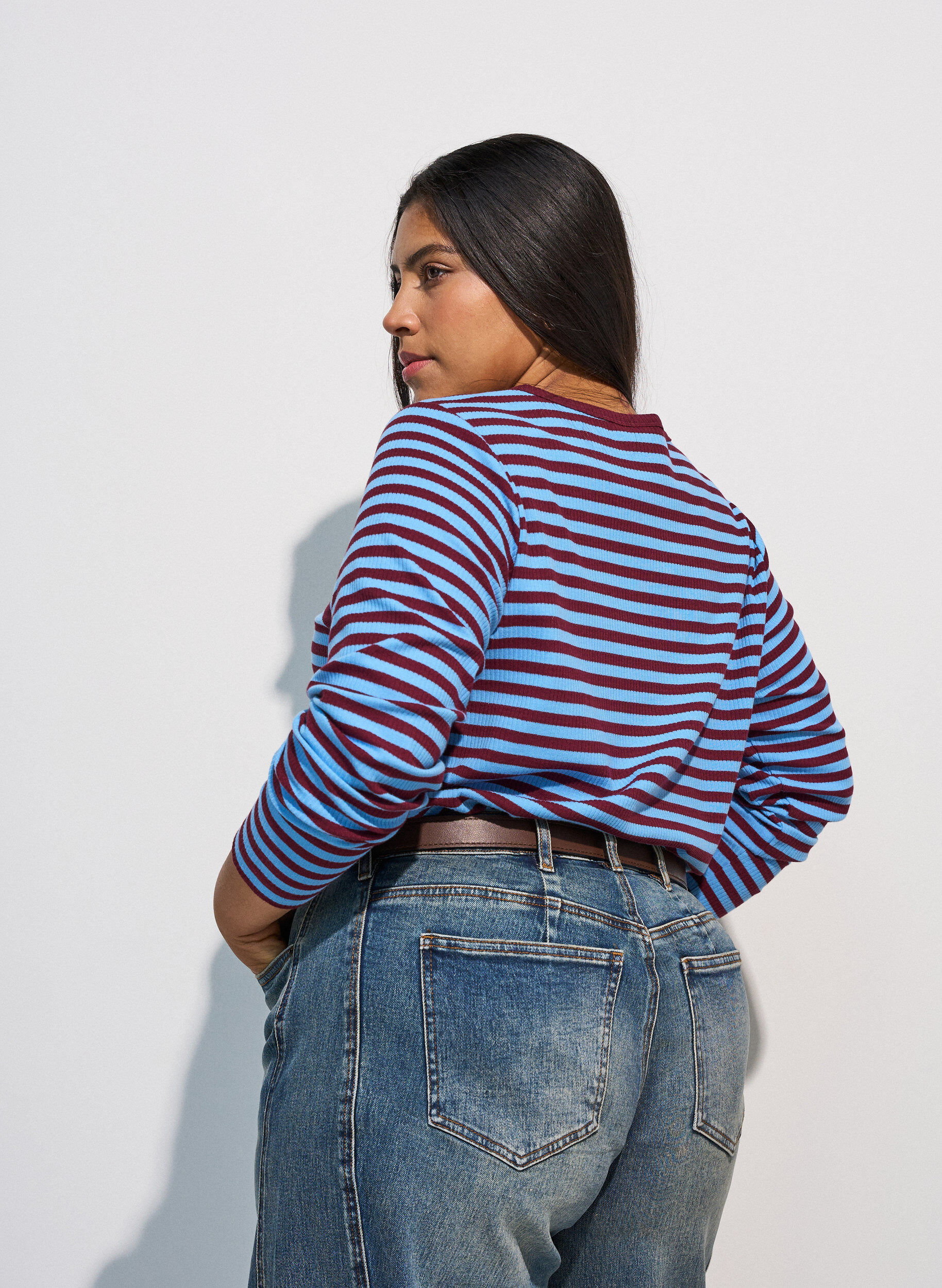 ZizziGestreepte blouse met lange mouwen, Blauw, Model image number 2