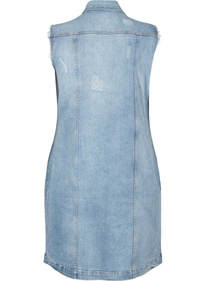 Mouwloze denim jurk met ruwe randdetails, Light Blue Denim, Packshot image number 1