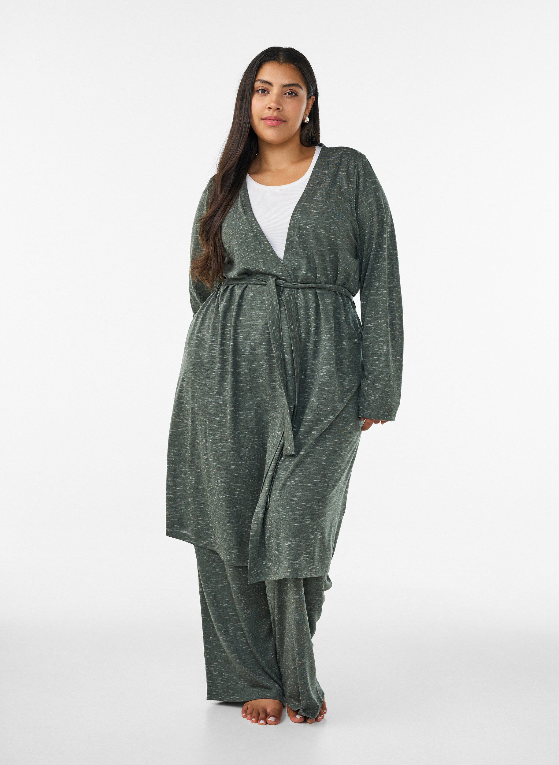 ZizziLange jersey vest met strikceintuur, Groen, Model image number 0