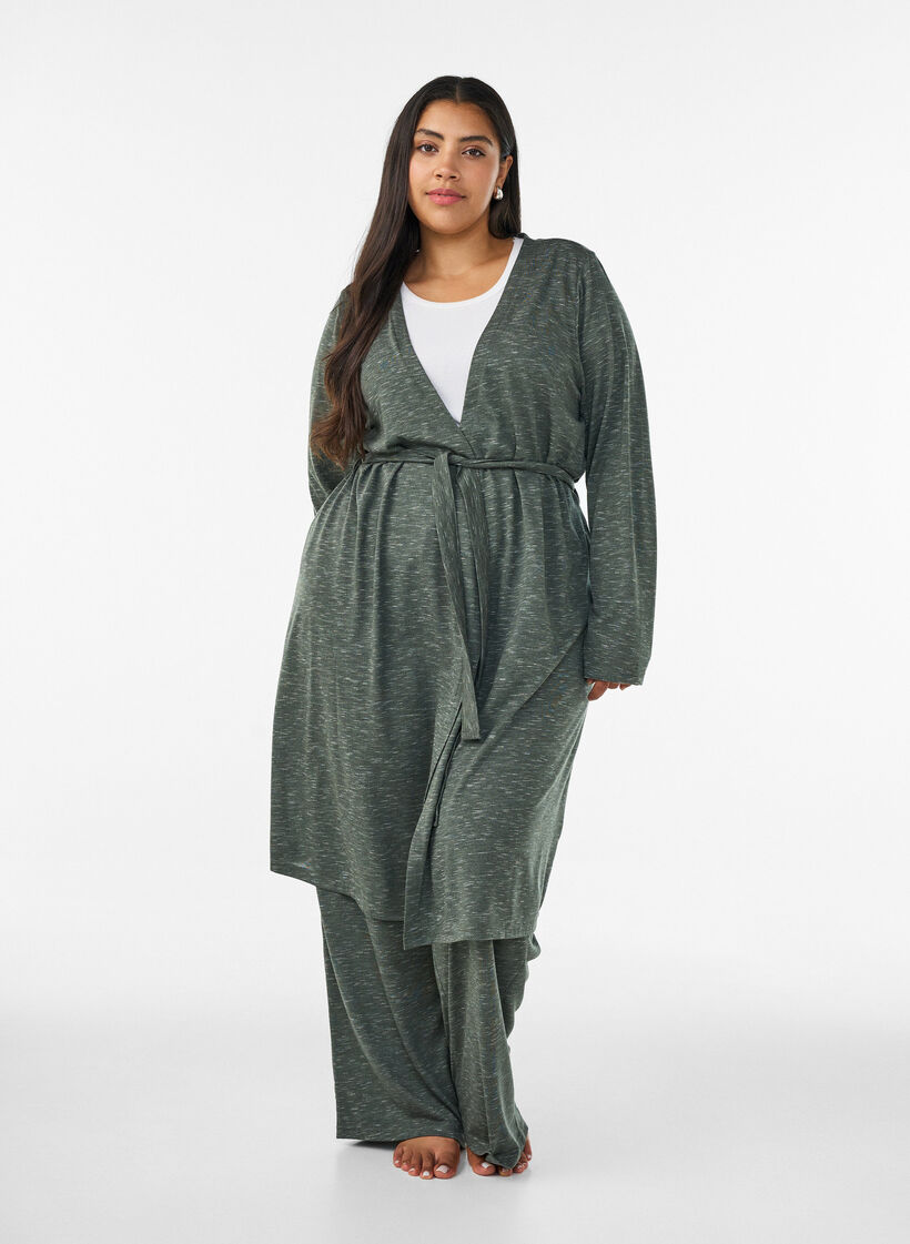 Lange jersey vest met strikceintuur, Groen, Model image number 0