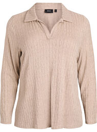 Gebreide blouse met kraag en kabelpatroon, Beige