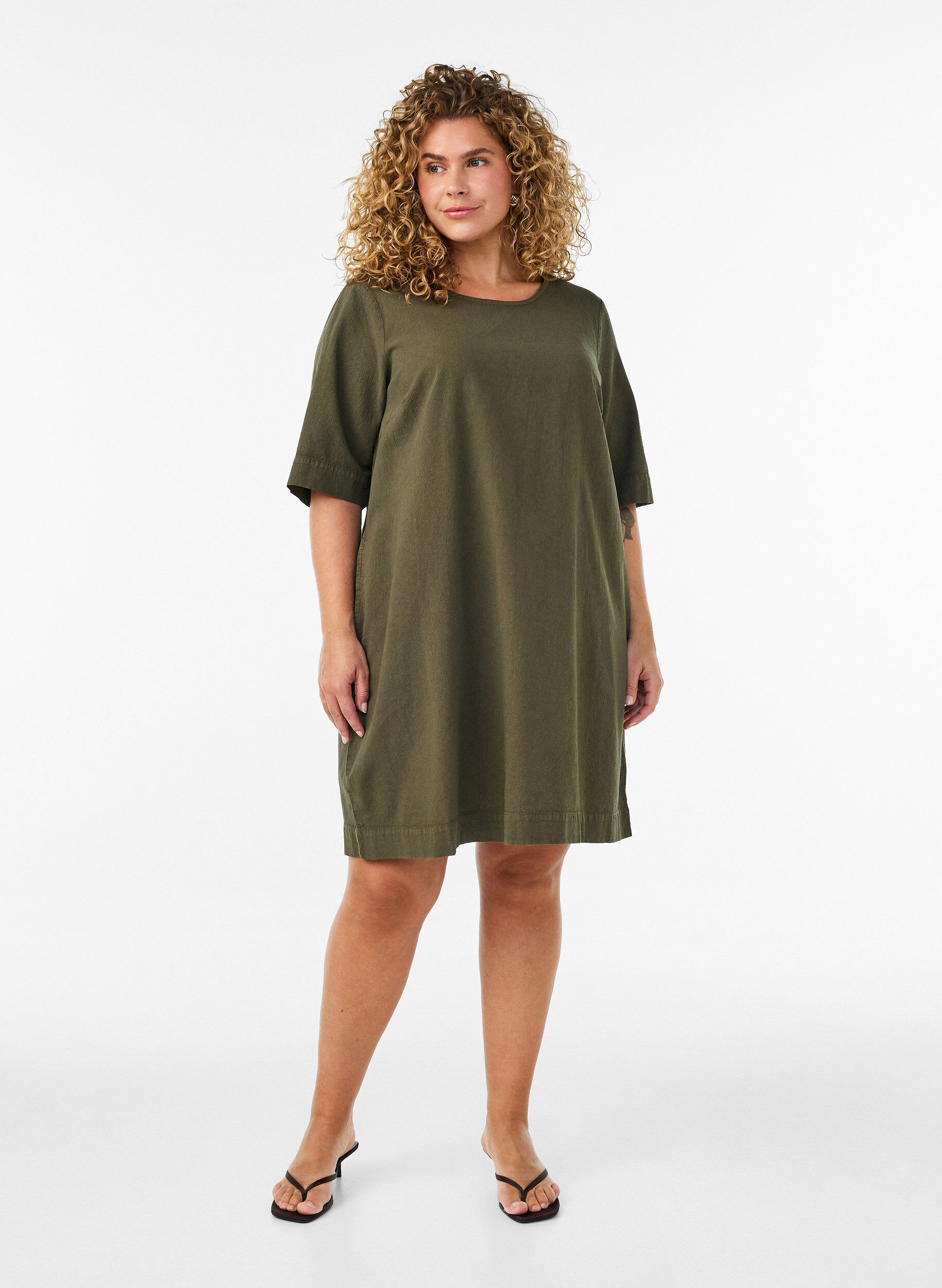 ZizziKatoenen jurk met korte mouwen en zakken, Groen, Model image number 1