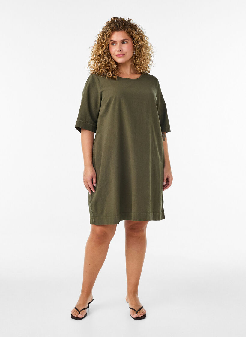 Katoenen jurk met korte mouwen en zakken, Groen, Model image number 1