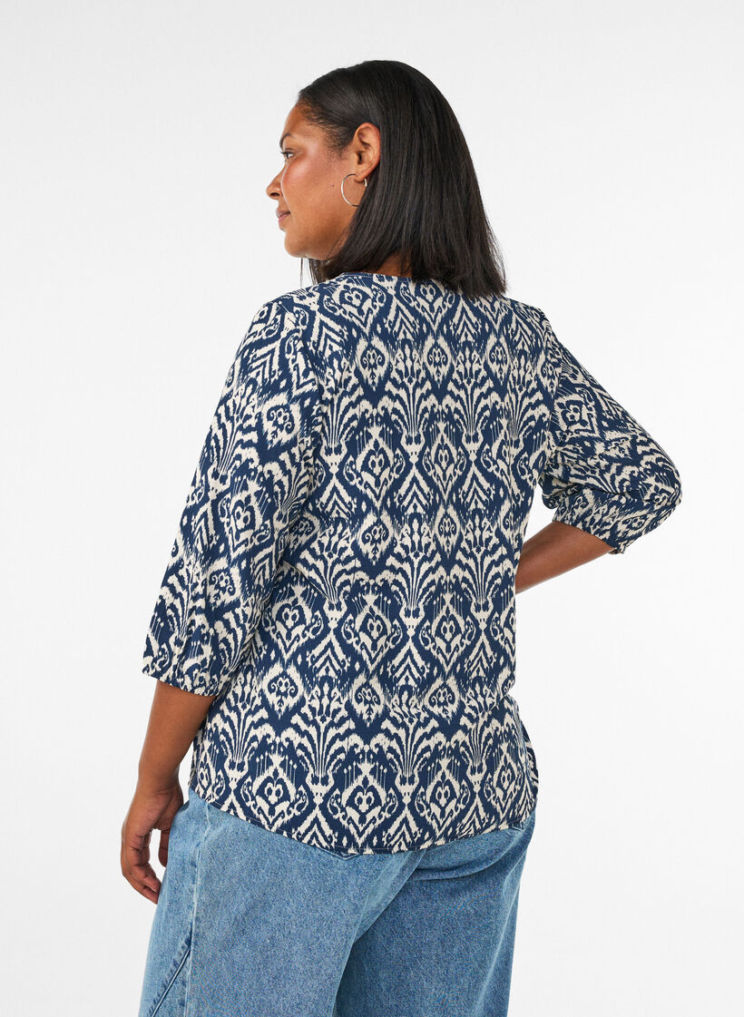 Blouse van viscose met patroon en 3/4-mouwen, Blauw, Model image number 2