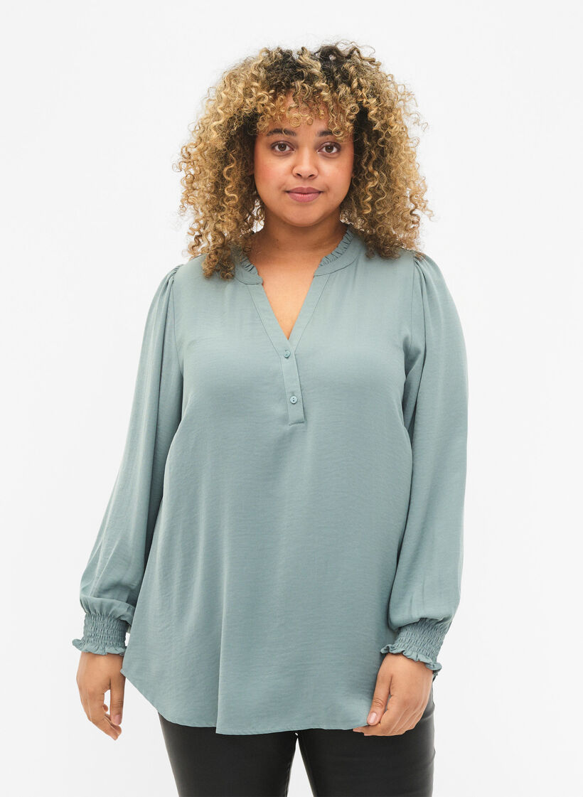 Blouse met smok en V-halslijn, Chinois Green, Model image number 0