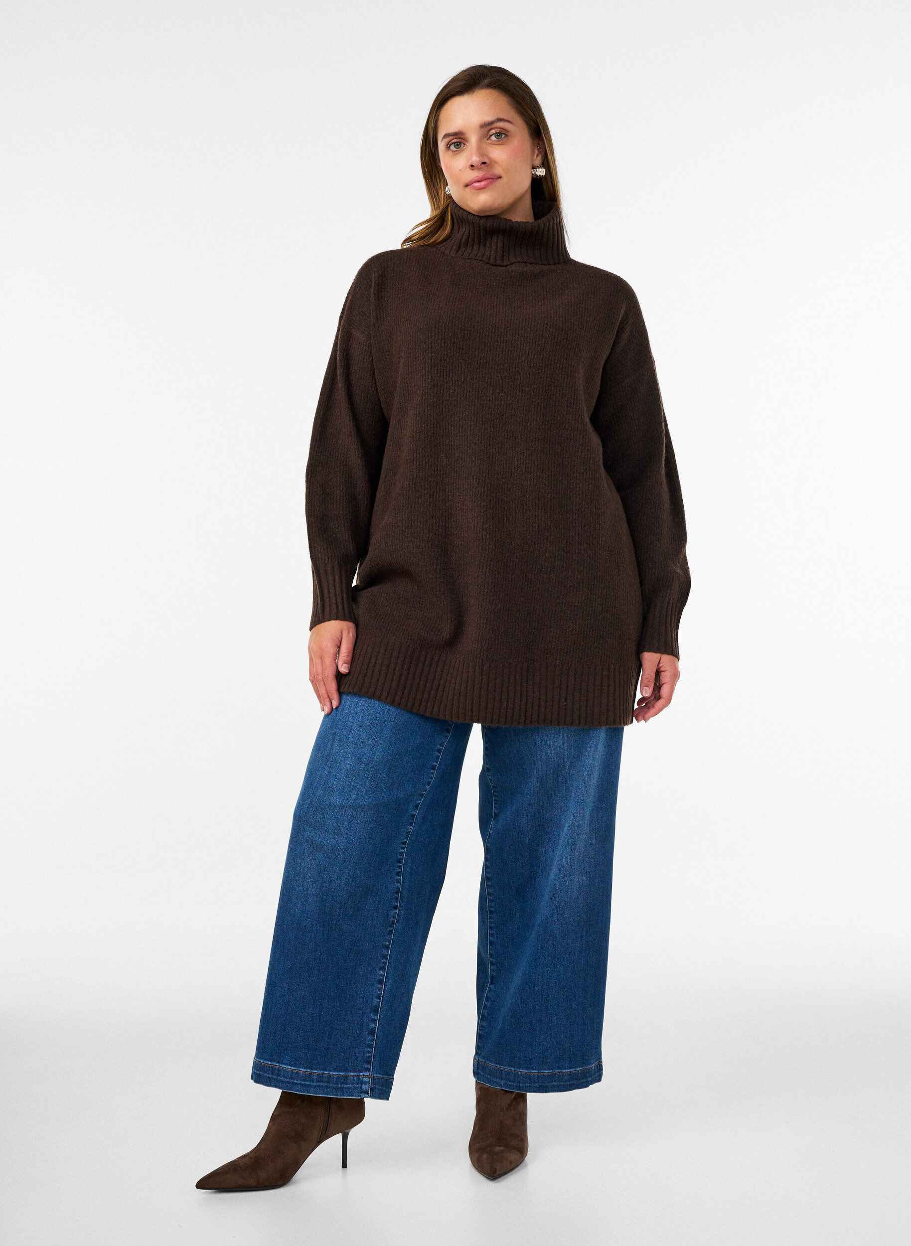 ZizziLosse gebreide trui met coltrui, Bruin, Model image number 1